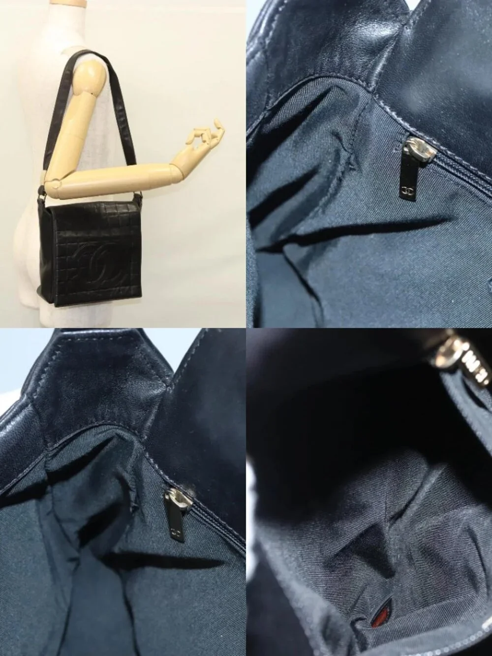CHANEL Choco Bar line Shoulder Bag Lamb Skin Black CC Auth mr1233